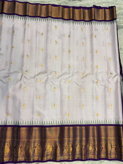 Pure Gadwal Silk Saree in Pearl White & Deep Purple | Rich Gold Zari Temple Border | Traditional Handloom Wedding Pattu Saree - pochampallysarees.com