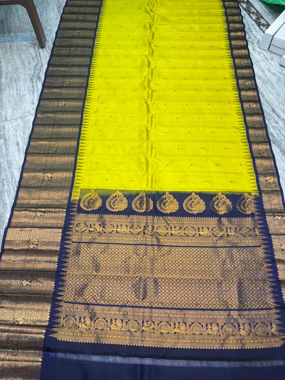 Pure Gadwal Silk Saree in Vibrant Lemon Yellow & Royal Blue | Handwoven Gold Zari Border & Rich Pallu | Traditional Festive Wear - pochampallysarees.com