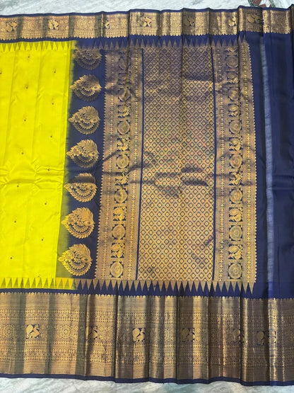 Pure Gadwal Silk Saree in Vibrant Lemon Yellow & Royal Blue | Handwoven Gold Zari Border & Rich Pallu | Traditional Festive Wear - pochampallysarees.com
