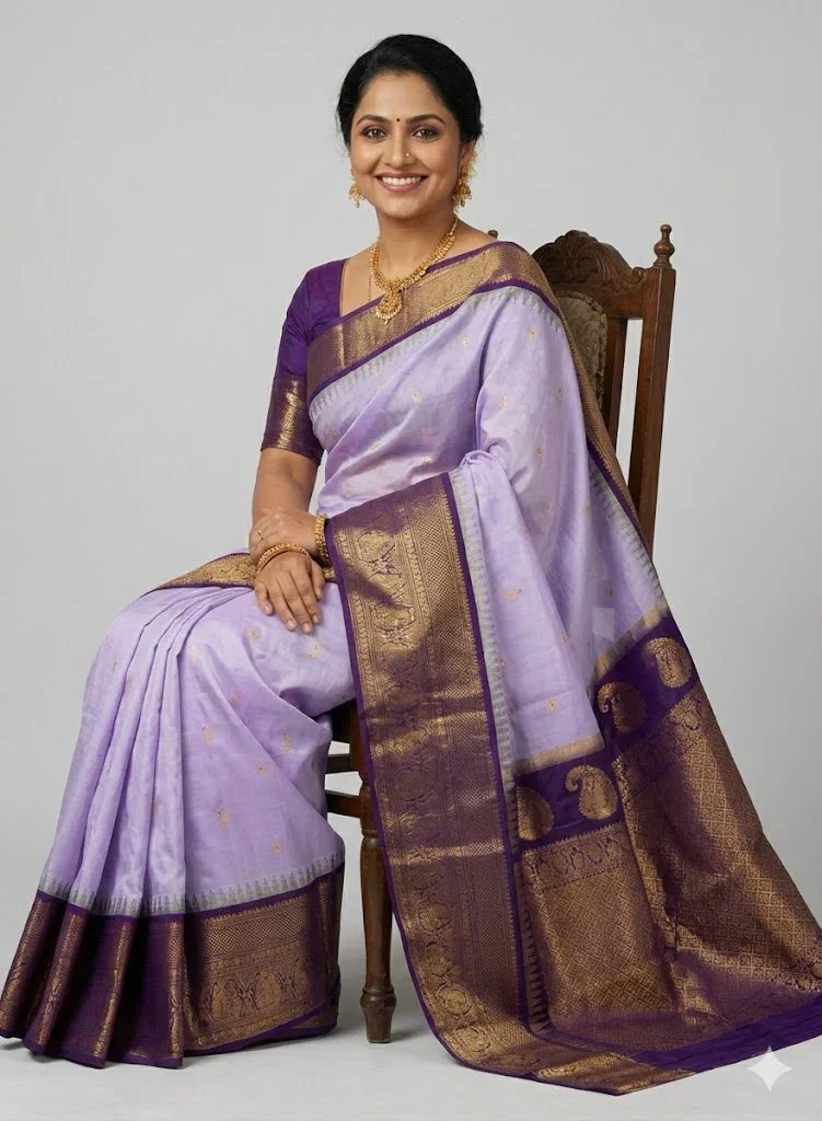 Pure Handloom Gadwal Silk Saree in Lavender & Deep Purple | Rich Gold Zari Temple Border & Paisley Pallu | Traditional Wedding & Festive Wear - pochampallysarees.com