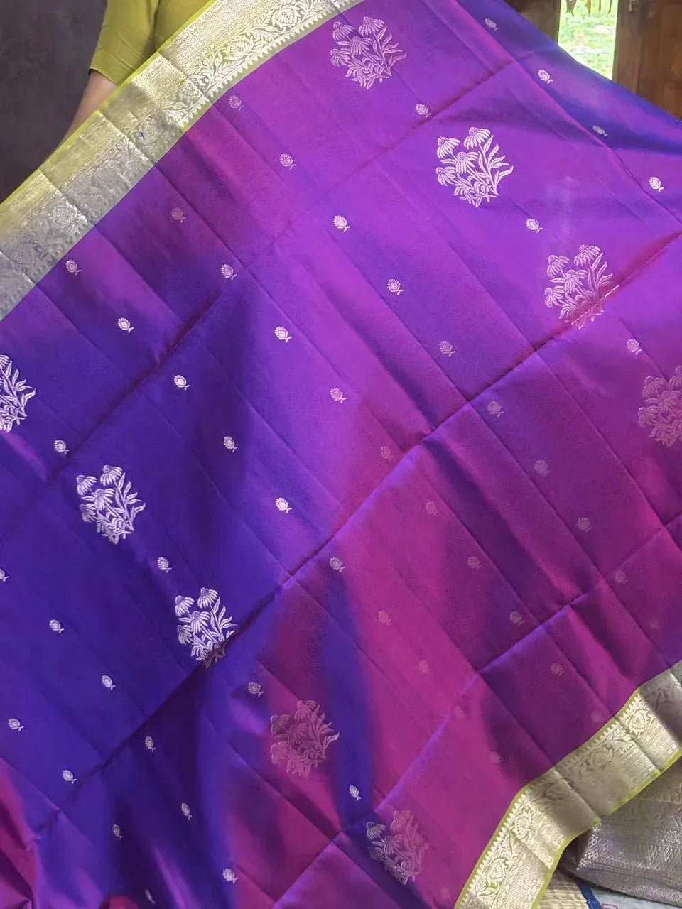 Pure Kanchipuram Pattu Saree with gold zari border Purple And Olive Green Saree -Pochampallysarees.com