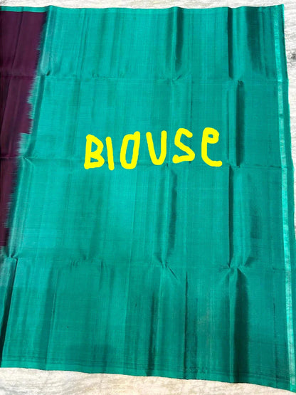 Deep Purple Soft Silk Saree with Sea Green Checkered Border & Vertical Zari Stripes - pochampallysarees.com