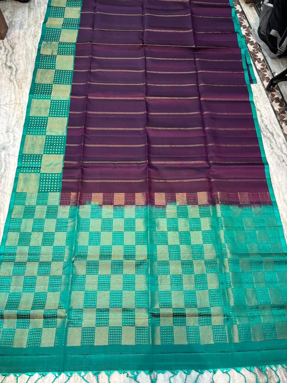 Deep Purple Soft Silk Saree with Sea Green Checkered Border & Vertical Zari Stripes - pochampallysarees.com