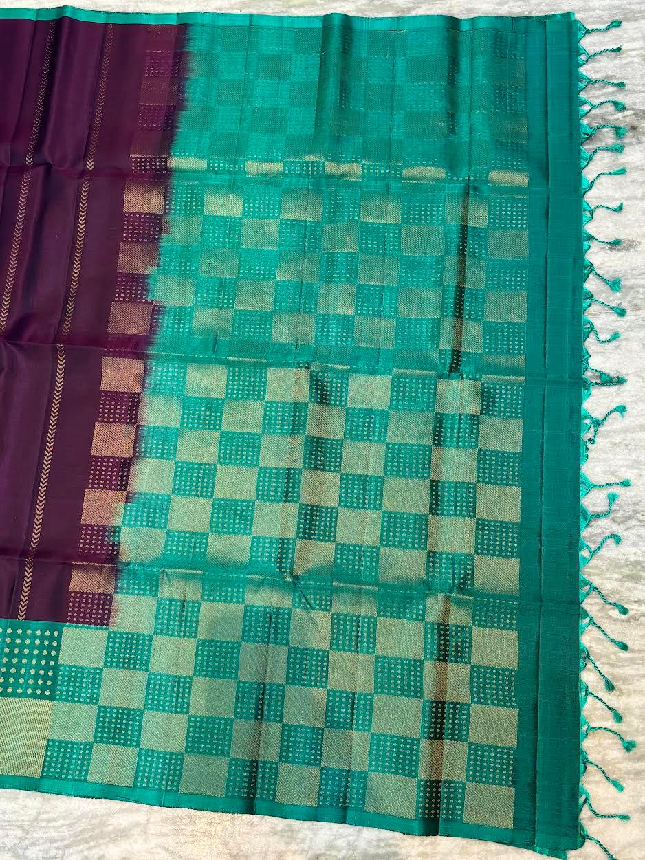 Deep Purple Soft Silk Saree with Sea Green Checkered Border & Vertical Zari Stripes - pochampallysarees.com
