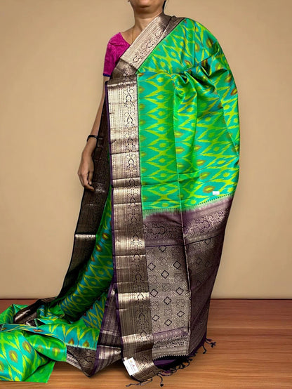 PURE SOFT SILK SAREE GREEN AND CHOCOLATE WITH ALLOVER ZARI WEAVES IN BORDER KANCHI STYLE - pochampallysarees.com