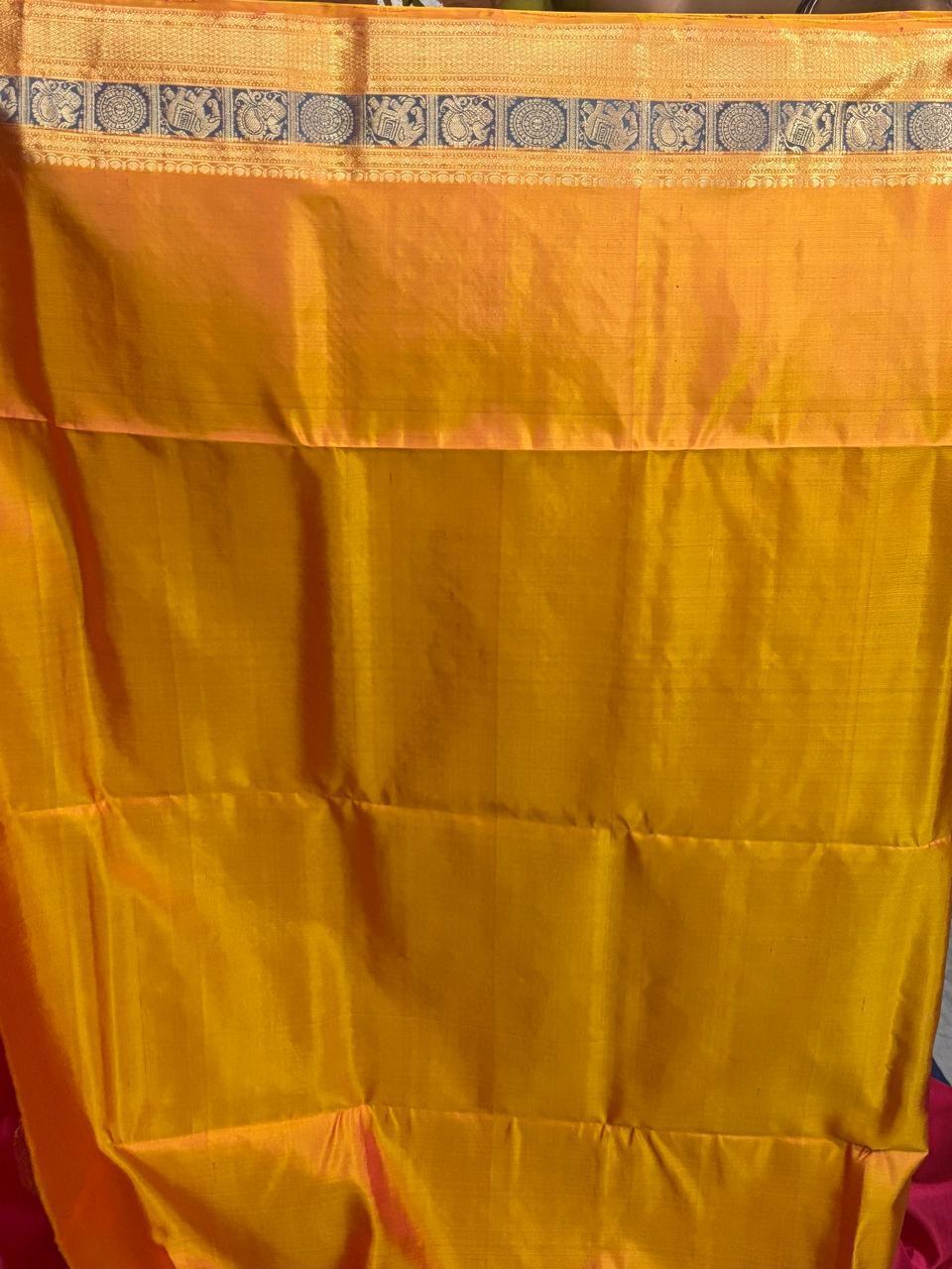 Pure Handloom Kanchipuram Soft Silk Saree in Pink & Yellow | Silk Mark Certified | Traditional Wedding Saree | COD Available - pochampallysarees.com