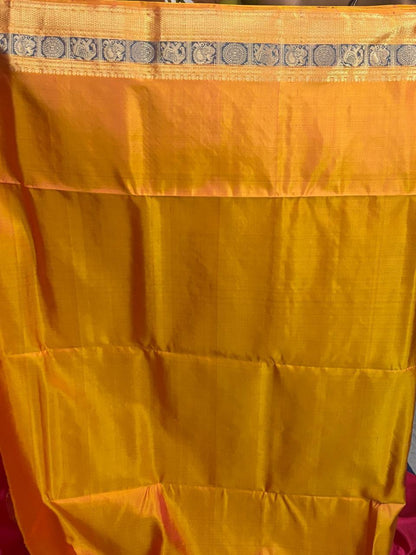 Pure Handloom Kanchipuram Soft Silk Saree in Pink & Yellow | Silk Mark Certified | Traditional Wedding Saree | COD Available - pochampallysarees.com