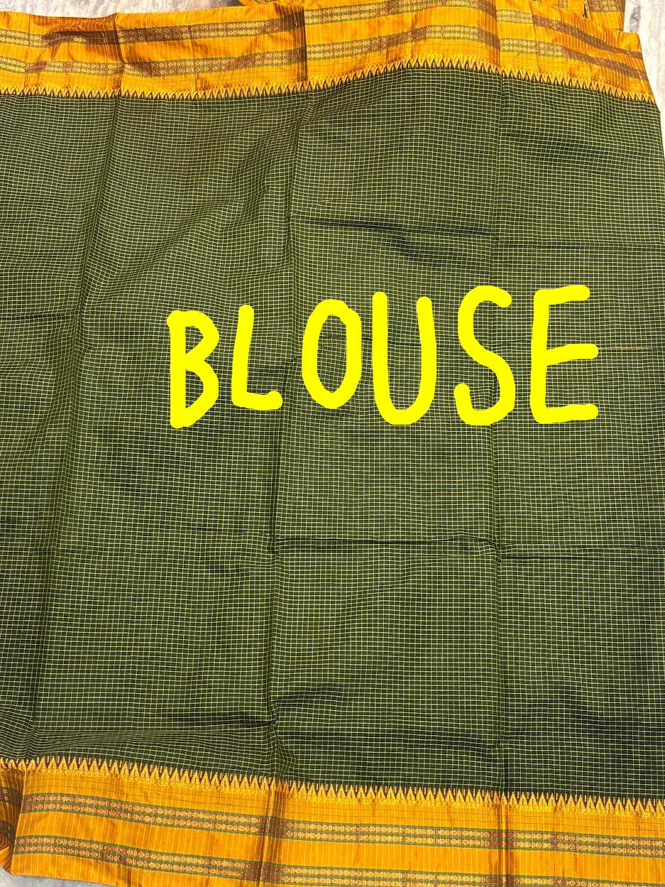 Olive Green Handloom Cotton Silk Saree with Mustard Yellow Temple Border - pochampallysarees.com