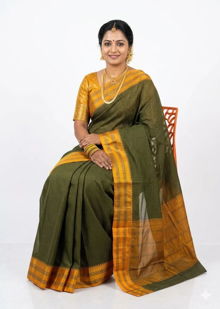 Olive Green Handloom Cotton Silk Saree with Mustard Yellow Temple Border - pochampallysarees.com