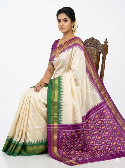 Pure Ikkat Silk Saree in Cream with Dual Contrast Green & Magenta Temple Border | Traditional Festive Wear - pochampallysarees.com