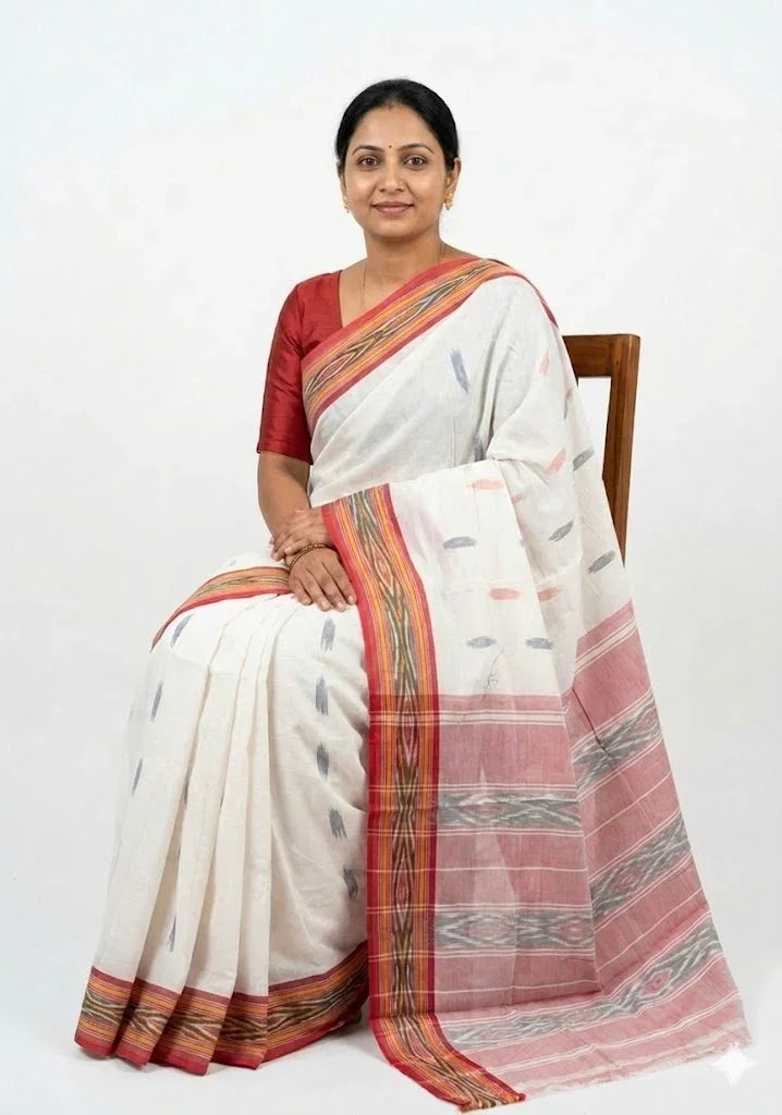 Classic White & Red Handloom Cotton Saree with Contrast Red Blouse Piece - pochampallysarees.com