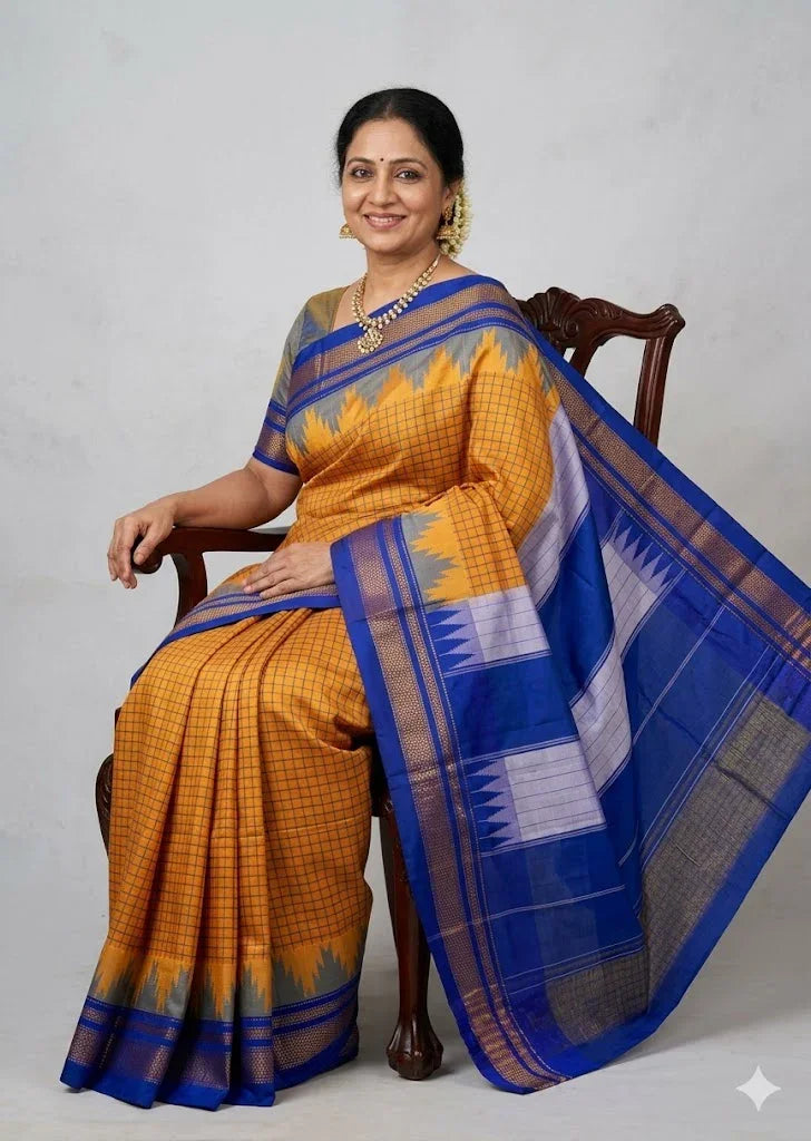 Mustard Yellow & Royal Blue Kanchipuram Handloom Silk Saree - pochampallysarees.com