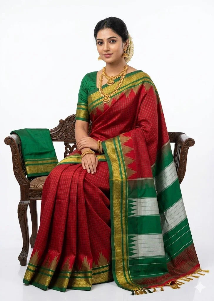Authentic Red & Green Pure Gadwal Silk Saree with Temple Border - pochampallysarees.com