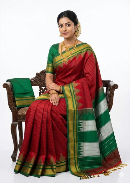 Authentic Red & Green Pure Gadwal Silk Saree with Temple Border - pochampallysarees.com