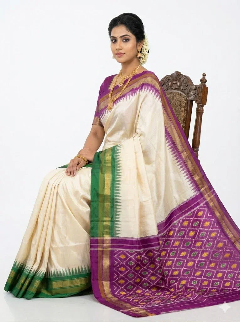 Pure Ikkat Silk Saree in Cream with Dual Contrast Green & Magenta Temple Border | Traditional Festive Wear - pochampallysarees.com