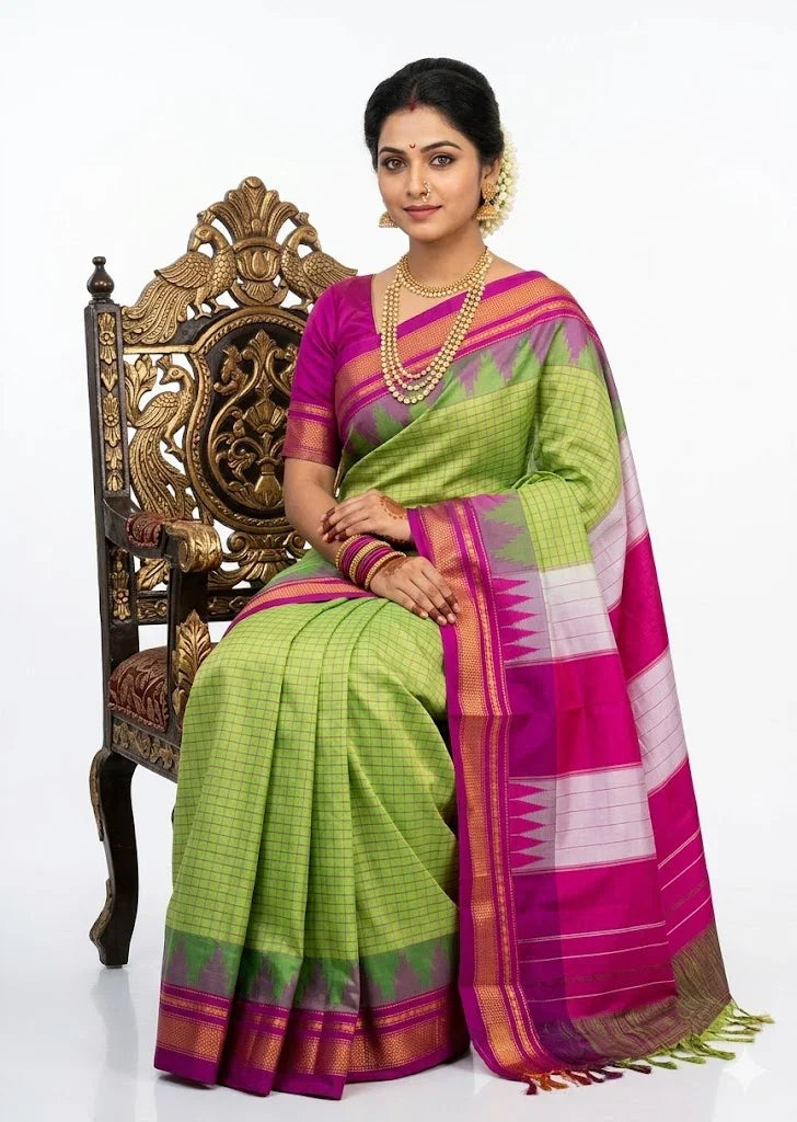 Pure Gadwal Silk Saree in Parrot Green & Magenta Pink | Authentic Handwoven Traditional Saree - pochampallysarees.com