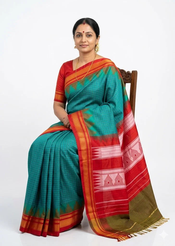 Authentic Pure Gadwal Silk Saree in Teal Green & Red with Zari Temple Border - pochampallysarees.com