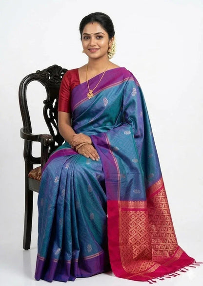 Premium Royal Blue Soft Silk Saree with Vibrant Magenta Pallu & Traditional Floral Motif Weave - pochampallysarees.com