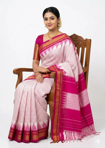 Traditional White & Pink Pure Gadwal Silk Saree with Zari Border - pochampallysarees.com